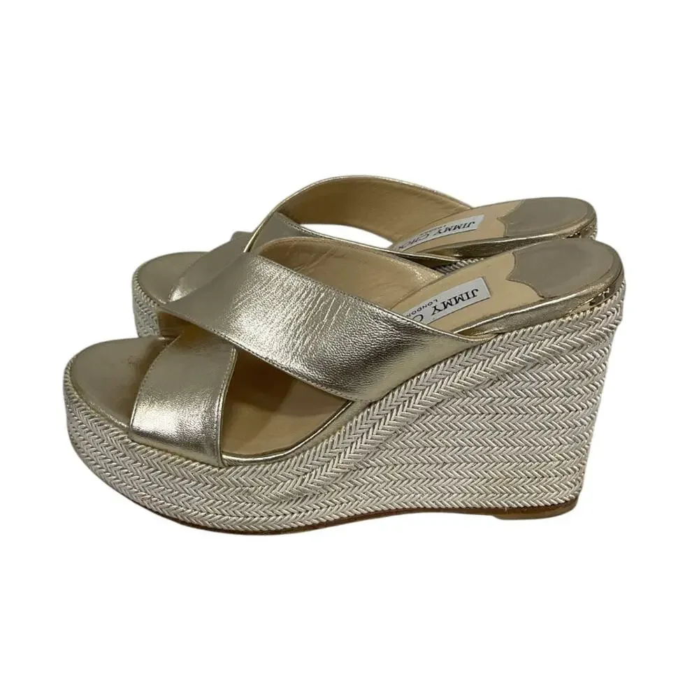 Jimmy Choo Dovina Gold Espadrille Wedge Sandals 37 EU